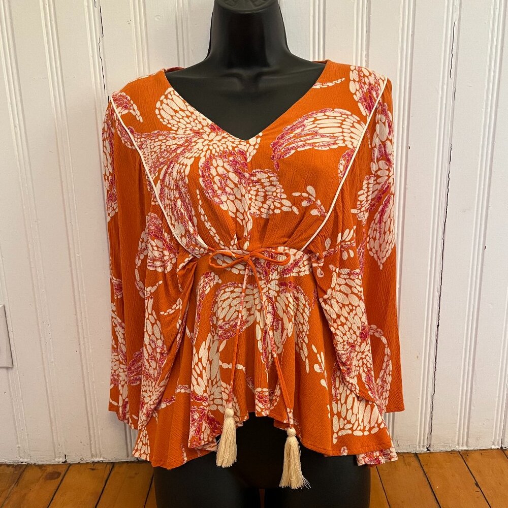 Maurices Floral Flounce Sleeve Boho Peplum Top, Size Medium